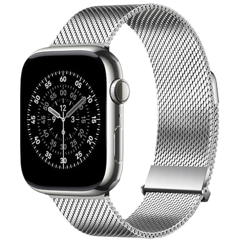 Bestsure Milanese Loop Watch Band Compatible with Apple Watch 4244454649mm Metal Stainless Steel Mesh Dual Magnetic Clasp for Series 987654SE321 Ultra Men Women Silver