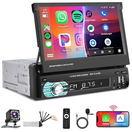 Podofo Wireless Carplay Single Din Car Stereo 7 Inch HD Flip Out Touchscreen Car Radio with Wireless Car Play Android Auto,Bluetooth,Type-C/USB/TF/AUX,SWC,FM,Voice Control,Backup Camera