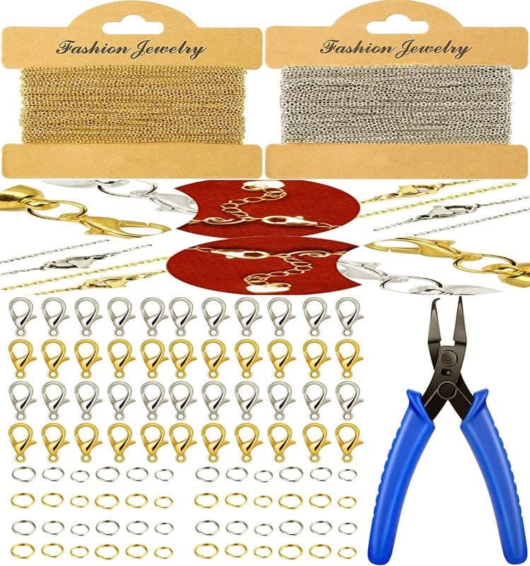 DIY Crafts 1 Mtr Chain Kit, Bright Gold, Jewelry Making Chain Set, Feet Chain, 10x Double-Layer Split Jump Rings, 20x Lobster Clasps Plier for DIY Jewelry Ea(1 Mtr Chain Kit, Bright Gold)