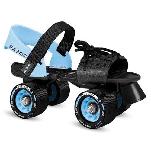 JASPO Razor Adjustable Roller Skates | Unique Ankle Support | 61mm PU Wheels | Anti-Skid Surface | Lightweight | Quad Skates for Kids & Adults (Size 25–31 cm, Age 8+)(Skate Only) Blue