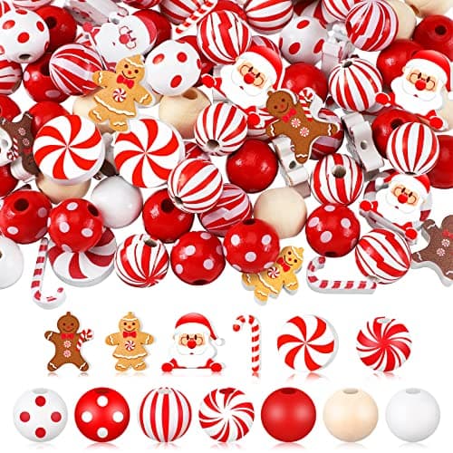 Waydress 200 Pcs Christmas Beads for Crafts Christmas Wooden Beads Bulk for Jewelry Making Red and White Beads Xmas Santa Gingerbread Candy Beads for Christmas Tree Garland DIY Holiday Hanging Decor