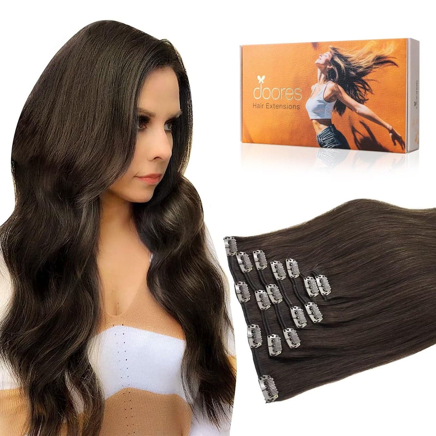 DOORES Clip in Hair Extensions Human Hair Light Dark Brown 14 Inch 100g 7pcs Real Human Hair Extensions Clip in Natural Straight Remy Weft