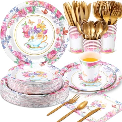 Ziliny 350 Pcs Tea Party Supplies Spring Summer Tea Party Tableware Set Disposable Plates Napkins Paper Cups Plastic Cutlery Set for Birthday Bridal Baby Shower Serves 50