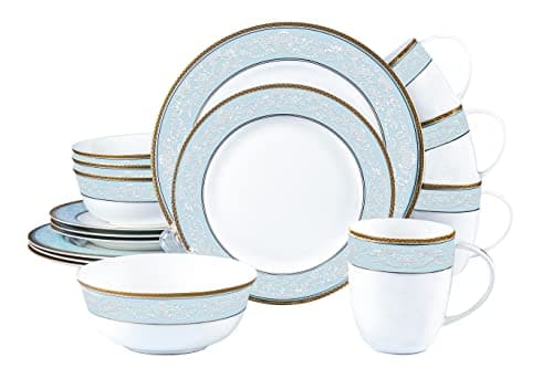 Wpslnwo Fine Bone China Dinnerware Set,16 Pcs Classic Relief Pattern Gilt Edged High Grade Porcelain Tableware Sets For 4 People