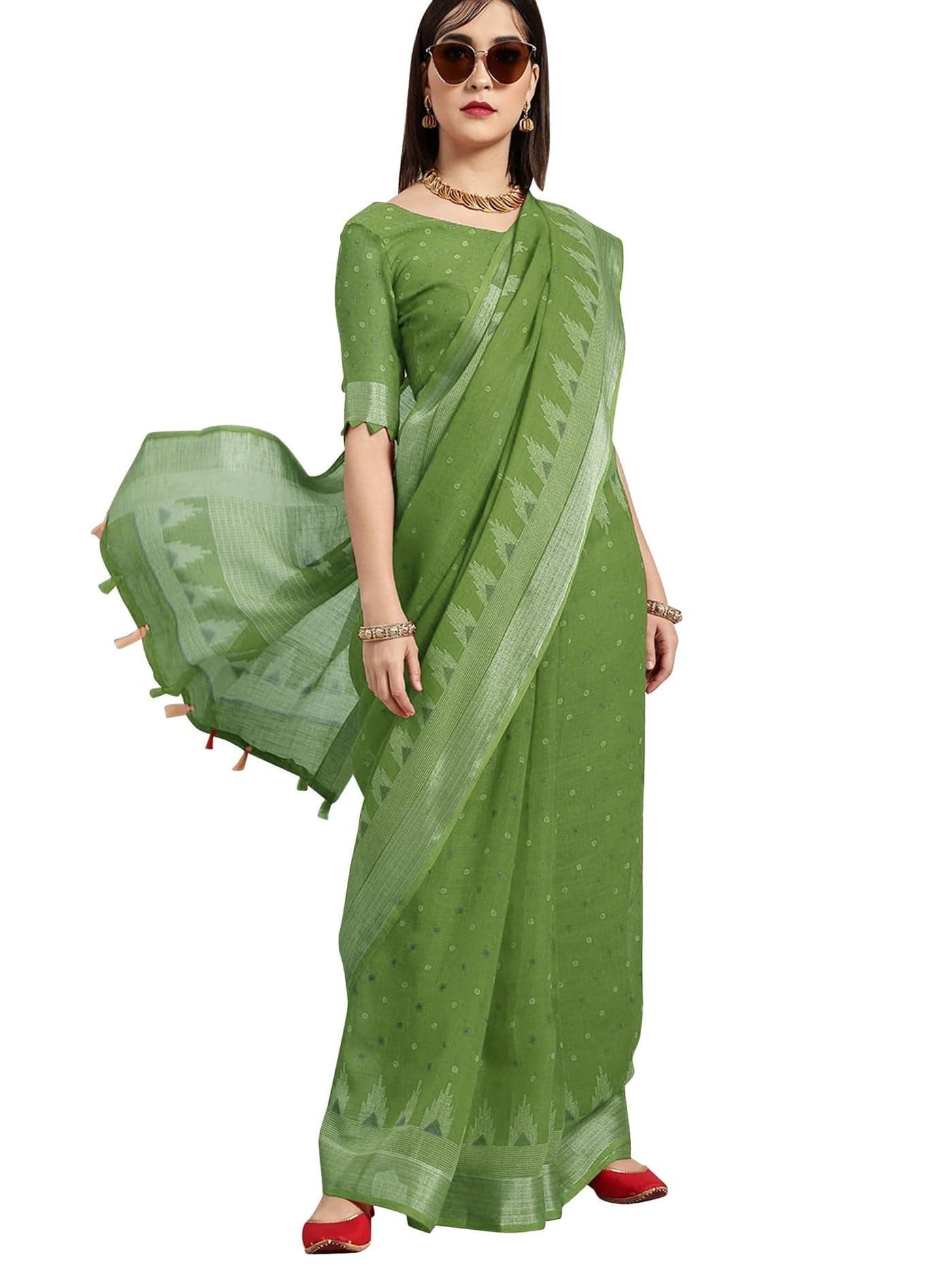 SAREE MALL Women's Cotton Printed Saree With Unstitched Blouse Piece