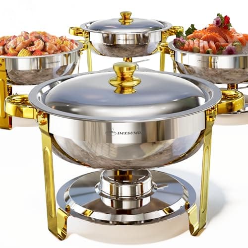 IMXSUMDA Chafing Dishes for Buffet Set 4 Pack, 5QT Round Dish Buffet Servers and Warmers High Grade Stainless Steel Food Warmers for Parties, Christmas Gatherings, Weddings, Catering, Gold & Silver