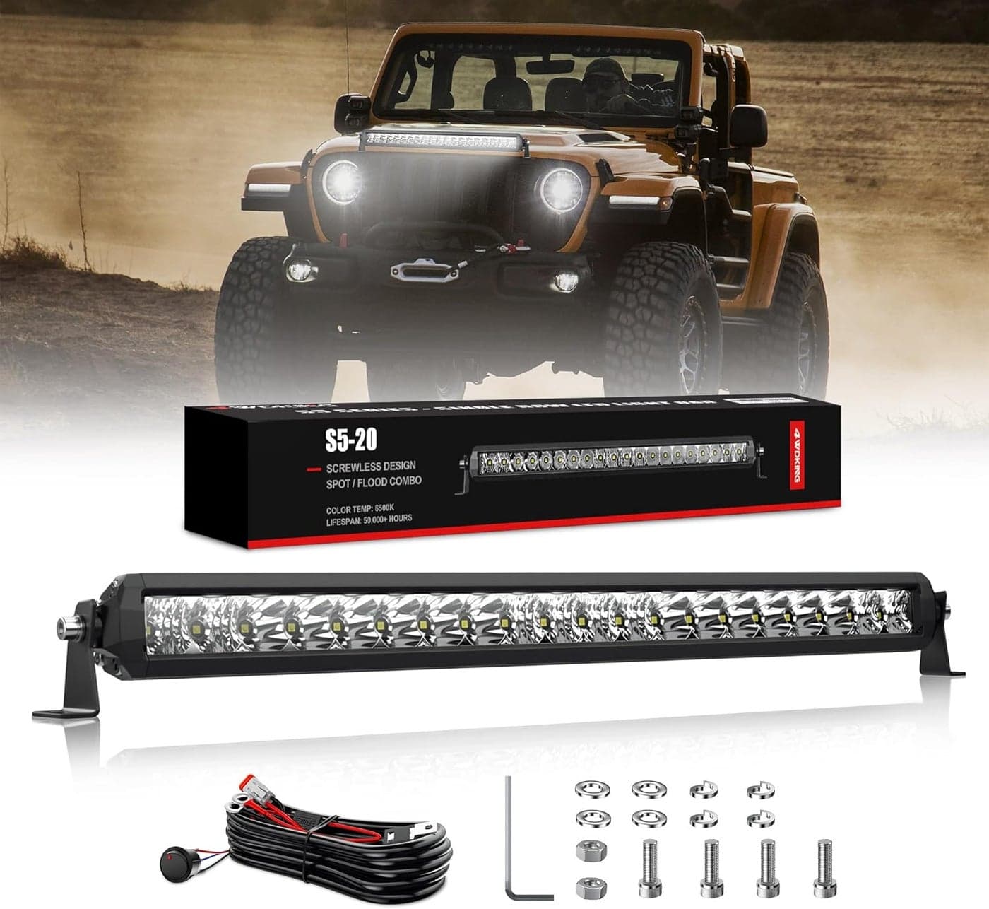 4WDKING 20 Inch LED Light Bar - Screwless 50W IP69K Waterproof Off-Road Combo Work Light