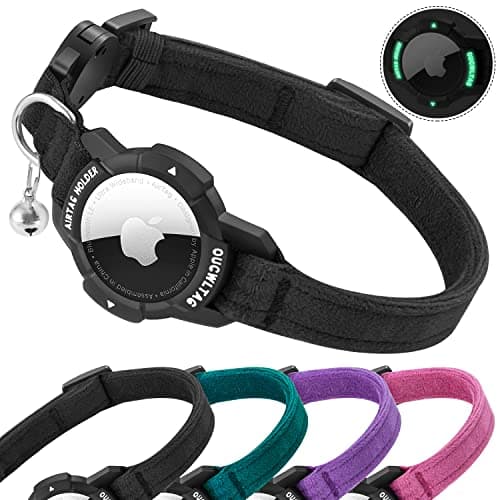 Luminous AirTag Cat Collar Breakaway, OUCWLTAG GPS Cat Collar with Apple Air Tag Holder, Cat Tracker Collars with Safety Elastic Band for Girl Boy Cats, Kittens and Puppies (Black, 7-10 Inch)
