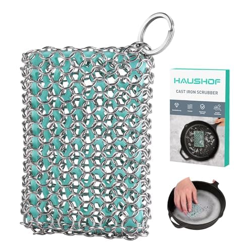 HAUSHOF Cast Iron Scrubber, Chainmail Scrubber with Silicone Core, Premium Cast Iron Cleaner for Skillet, Pan, Dutch Oven
