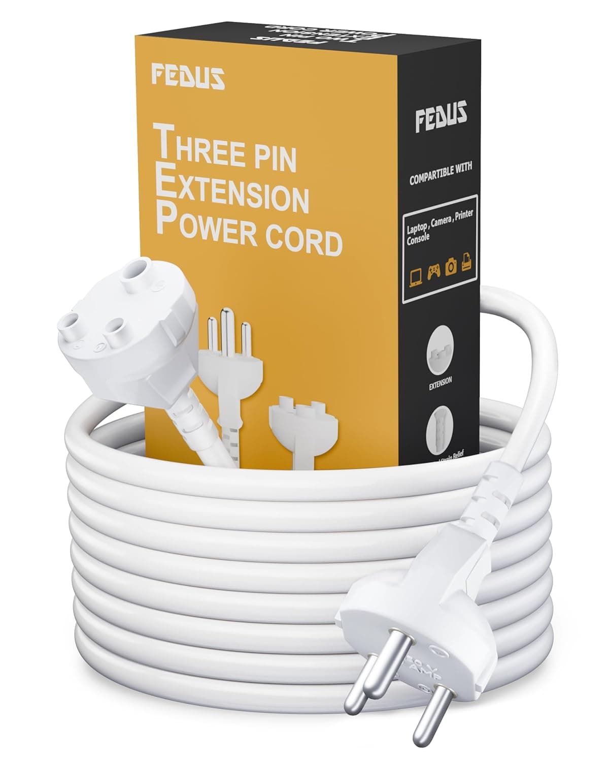 FEDUS Long 18AWG Heavy Duty Male to Female 3 Pin Power Extension Cord Wire 10amp Indoor Outdoor Power Extension Electrical Extender Power Cable for appliances Electronics and Tools 3 Meter White