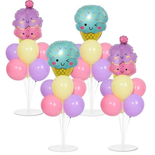 4 Sets Ice Cream Birthday Party Balloons Stand Kit with Ice Cream Foil Balloons Macaron Theme Party Ball Balloon Centerpiece for Tables for Summer Themed Birthday Baby Shower Decoration