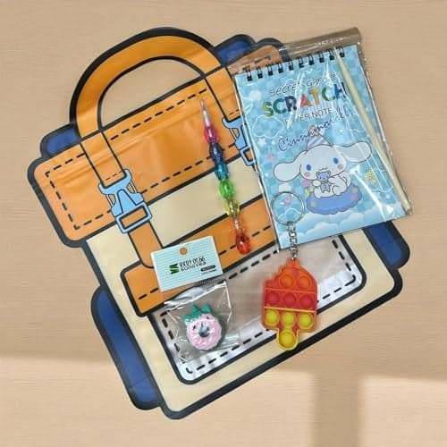 Asera Kids Stationery Combo Set with Zip Lock Bag – Includes Scratch Pad, Lentu Pencil, Donut Eraser & Pop It Keychain – Fun Birthday Return Gift for Boys & Girls (Set of 1)