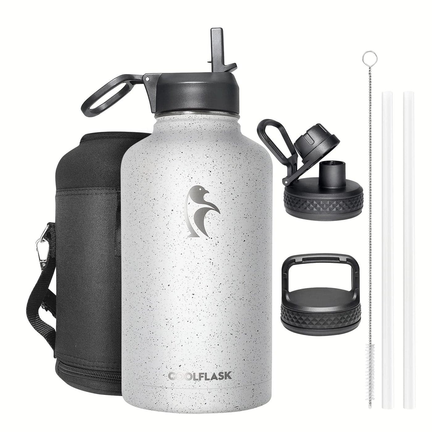 Half Gallon Water Bottle Insulated with Straw3 Lids Coolflask 64 oz Water Jug Galaxy Large Metal Stainless Steel flask for Gym Sports and Office Keep Cold 48H Hot 24H Arctic White
