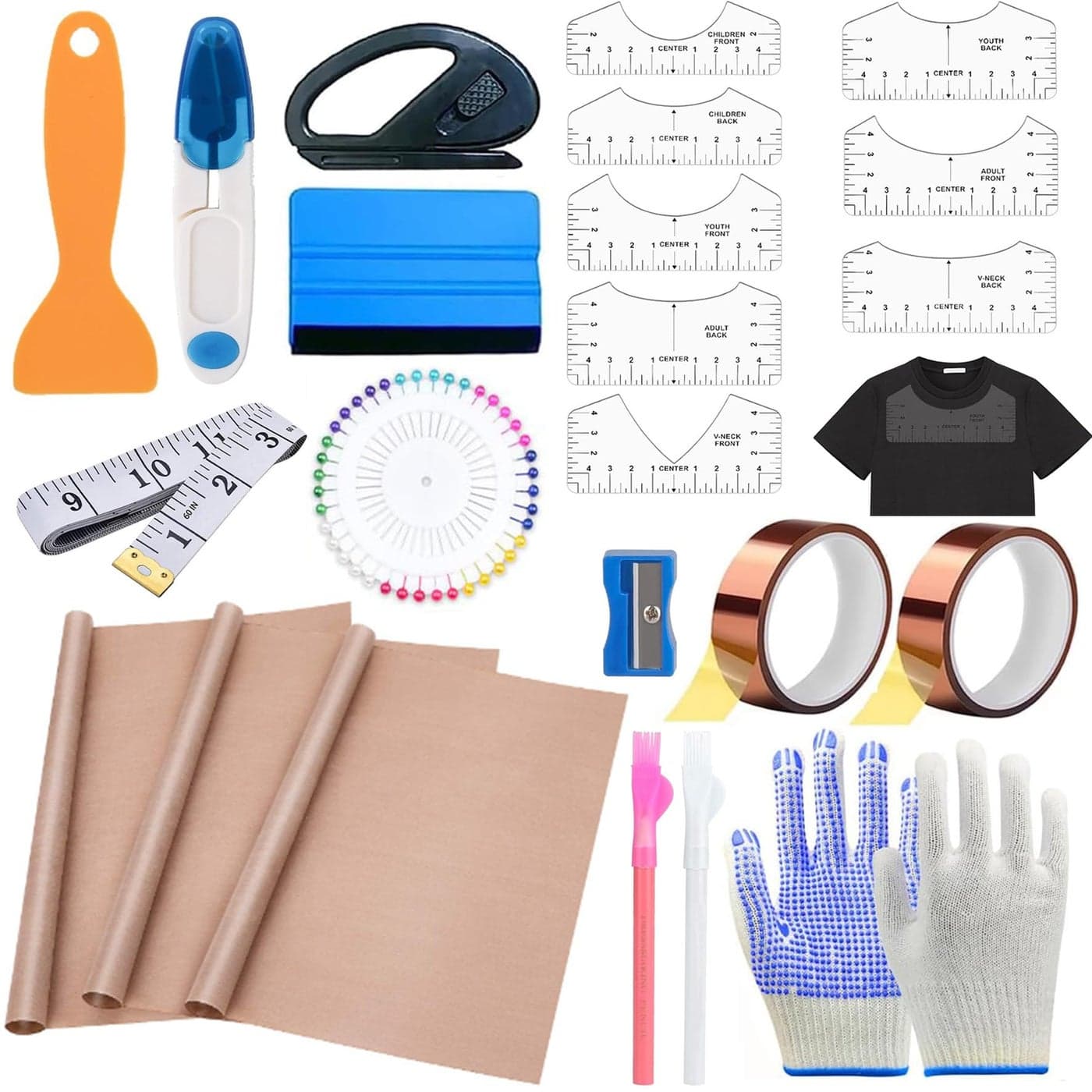 XEUZK Sublimation Shirts Tool Kits with 8 T Shirt rulers 3Pack Teflon Sheet for Heat Press 12 x 16in Heat Resistant Gloves with Silicone Bumps 2 Rolls Heat Resistant Tape 2Pcs Sublimation Pencil