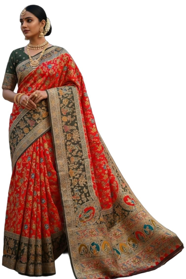 Glory Sarees Women's Kashmiri Pashmina Pure Silk Meenakari Woven Saree With Blouse Piece (Pashmina_Silk105_Red)