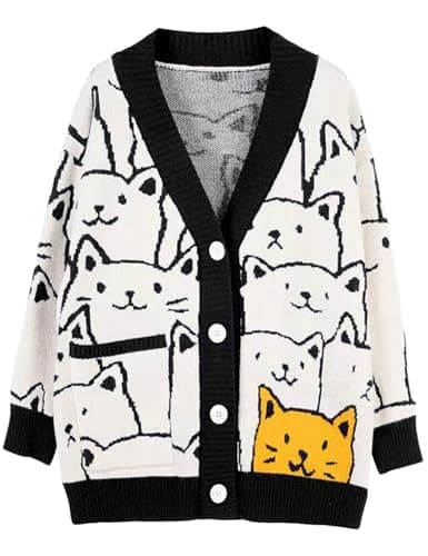 Arssm Cat Sweater for Women Oversized Button Down V Neck Knit Cardigan Cute Kawaii Cartoon Print Sweater Fall Clothes(Black-M)