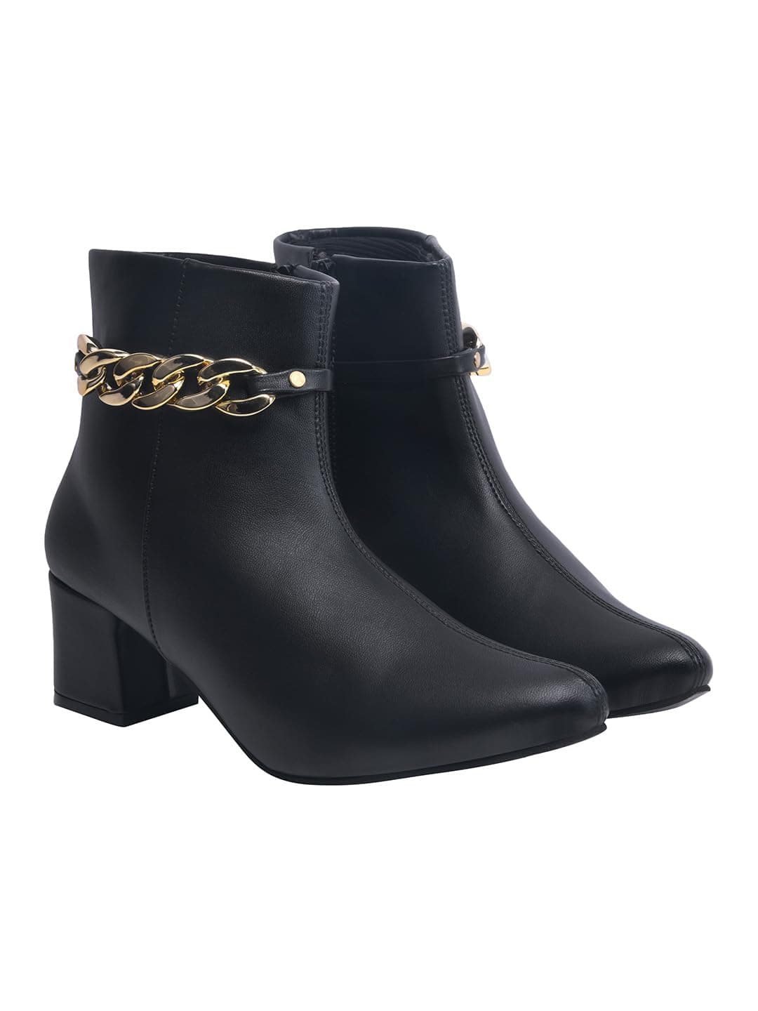 Shoetopia Women's Black Synthetic Leather Ankle Boots – Stylish Block Heel Zip Closure Boots with Golden Buckle Detail for Casual & Party Footwear EU39