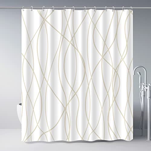 Punkray Beige Khaki Shower Curtain for Bathroom with Hooks, Extra Long Shower Curtain Set Stripe Bath Curtains Decorative White Shower Curtains Weighted Hem Water Repellent Washable, 72 x 72