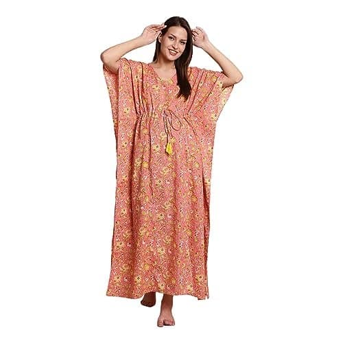 Secret Wish Peach & Yellow Cotton Floral Maternity & Feeding Kaftan for Women | Loose Fit Nursing Nighty with Zipper | Pregnancy Night Dress for New Moms