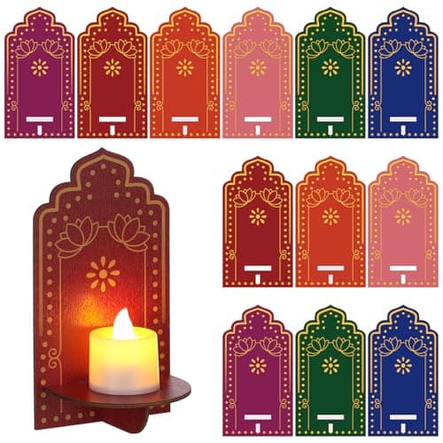 Yerliker 12 Pack Diwali Wall Decor for Home Lotus Wooden Candle Holder for Wall Indian Pooja Items 2.8 x 4 ‘'jharokha Rangoli Tea Light Diya Holder Deepavali Decoration Festive Home DIY Craft