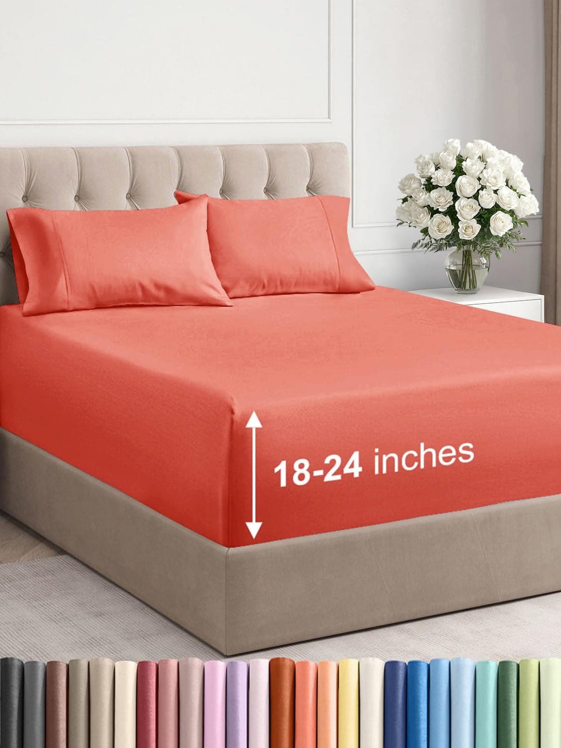Extra Deep Pocket King Sheets - 4 Piece Breathable & Cooling Bed Sheets - Hotel Luxury Bed Sheet Set - Soft, Wrinkle Free & Comfy - Easily Fits Extra Deep Mattresses - Deep Pocket Coral Sheets Set