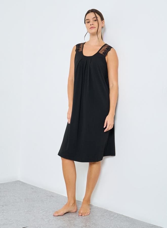 Styli Front Pintuck Shoulder Lace Detail Slip Dress