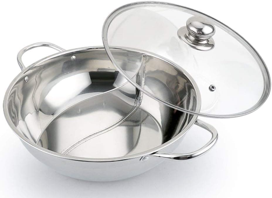 CookerStainless Steel Mandarin Duck Hot Pot 2 Grid 2 Taste Stainless Steel Hot Pot with Divider Chinese Induction Pot Dual Sided Soup Cookware with Glass Lid for Induction Cooktop Gas Stove