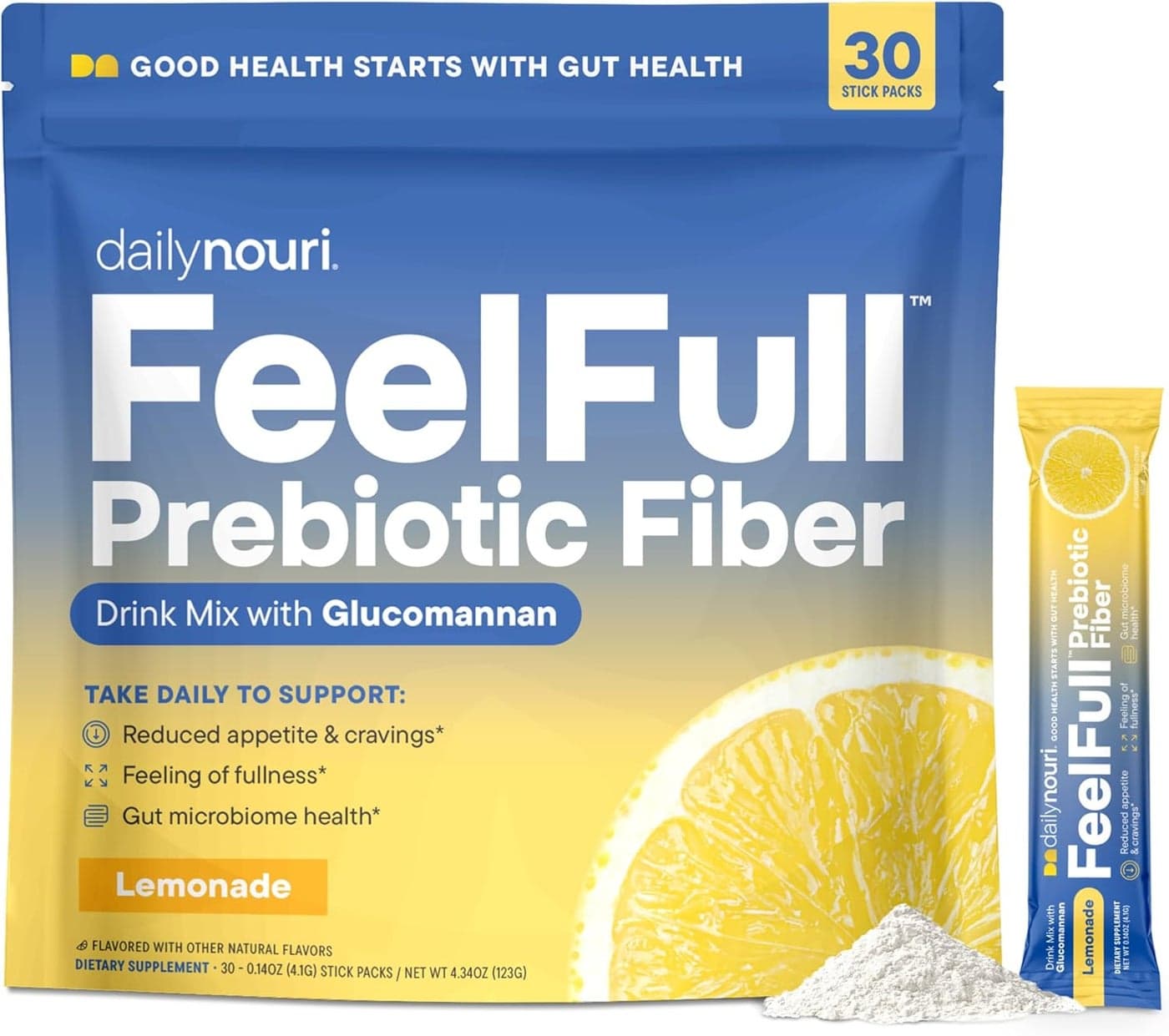 Daily Nouri FeelFull Prebiotic Fiber Drink Mix with Glucomannan Chromium for Natural Feeling of Fullness Appetite Cravings Support Gut Microbiome Metabolic Health 30 Stick Packs