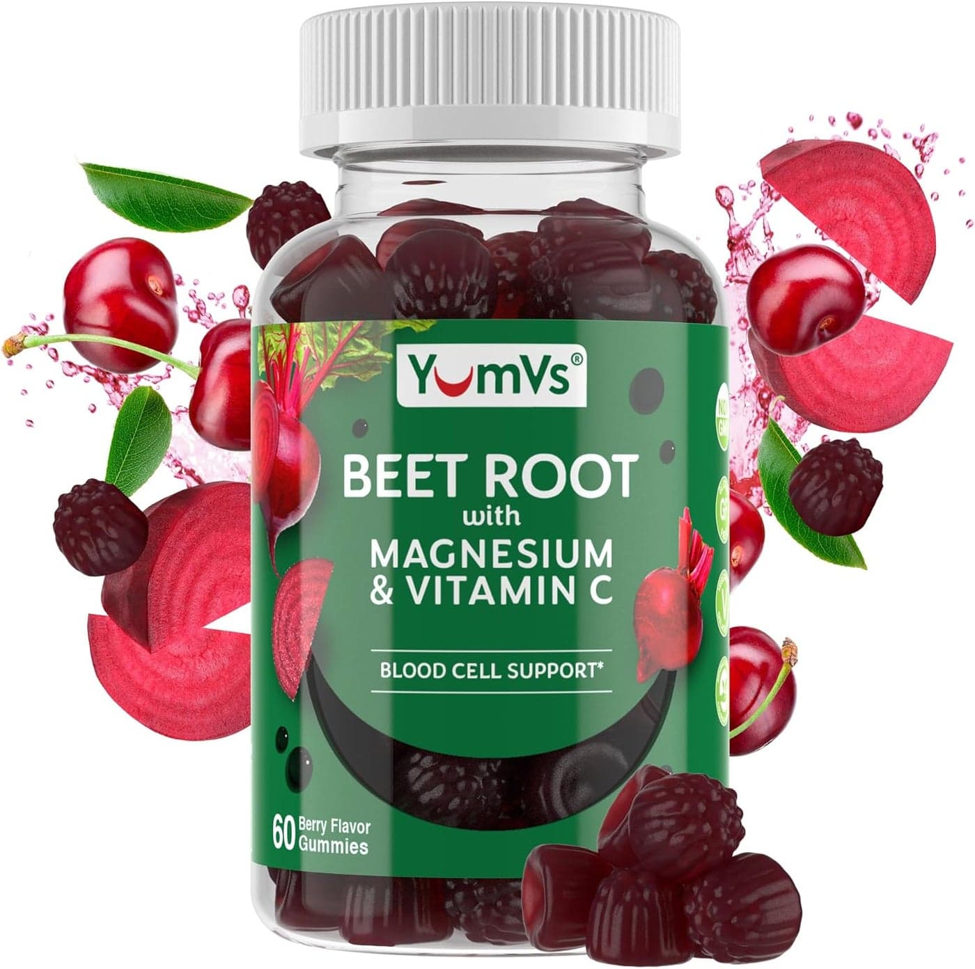 YumVs Beet Root Gummies with Magnesium and Vitamin C Berry Flavor Beetroot Gummies Beet Chews for Blood Circulation and Antioxidant Support Red Beet Gummy Berry 60 Count Pack of 1