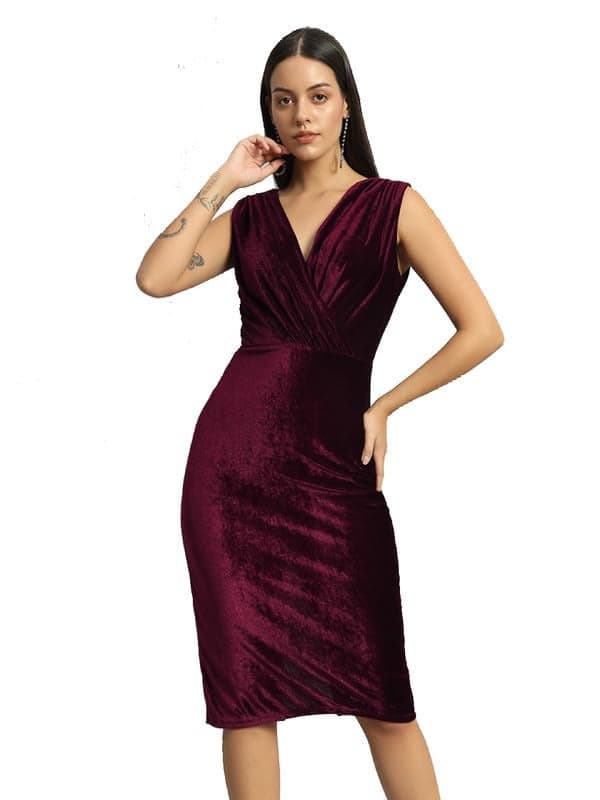 Vaararo Sleeveless Bodycon Party Dress for Women | Deep V-Neck Shiny Velvet Knee Length Outfit Wine Small