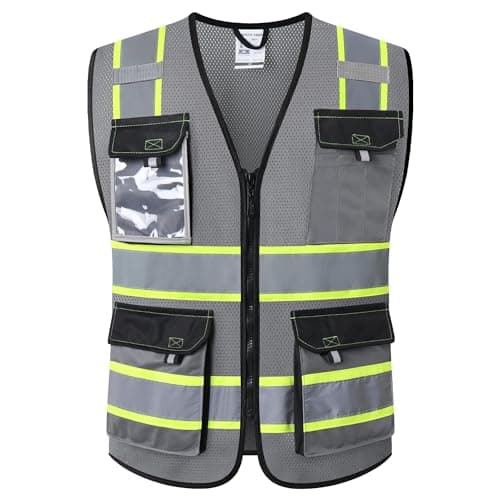 JKSafety Hi Vis Reflective Safety Vests for Men Women High Visibility Vest with Pockets Mesh Fabric Construction Safety Apparel Neon Vest for Work (220-Grey L)