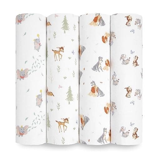 aden + anais Essentials Disney Baby Muslin Swaddle Blankets, Newborn Receiving Blanket for Swaddling, 100% Cotton Baby Swaddle Wrap, 4 Pack, Disney + Friends