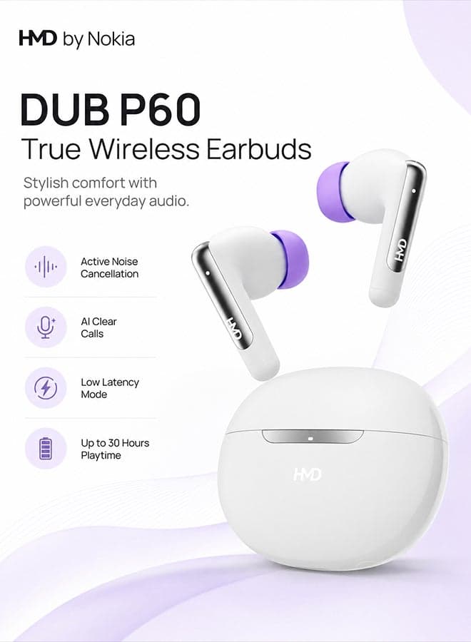 DUB P60 True Wireless Earbuds, 10mm Drivers, Active Noise Cancellation, 4 Mic ENC for Clear Calls, 30 Hours Playtime, Low Latency Mode, IPX4, Instant Open and Pair, Fast Charging White