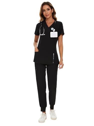 COZYFIT Scrubs for Women Set - Stretch V-Neck Scrub Top & Jogger Pant with 8 Pockets, Yoga Waistband, Anti Wrinkle, Slim Fit Women Scrubs - Black, M, Tall