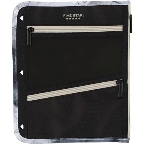 Five Star Pencil Pouch, Pen Case, 3-Pocket Zipper Pouch, Fits 3-Ring Binder, Storage Organizer for Classroom Supplies Earbuds Chargers Cables Makeup, Black/Grey (506420A-ECM)