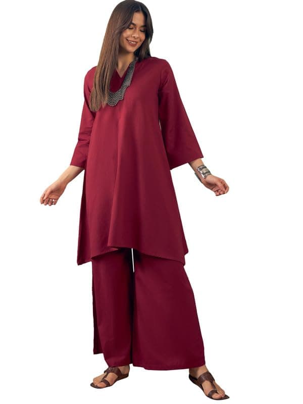 InWeave BURGUNDY V NECK LONG FULL SLEEVE KURTA PALAZZO SET