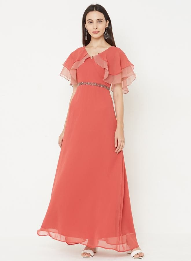 Mish Solid Georgette A-Line Maxi Dress With Cape Sleeve
