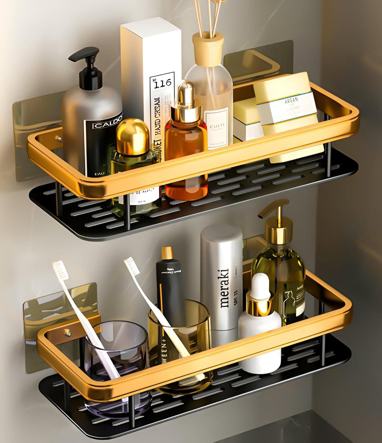 Perpetual Self - Adhesive Bathroom Shelf for Wall, Multipurpose Wall Mounted Bathroom and Kitchen Organiser Without Drill, Space Saving Stand for Bathroom and Kitchen Wall (Pack of 1) Gold