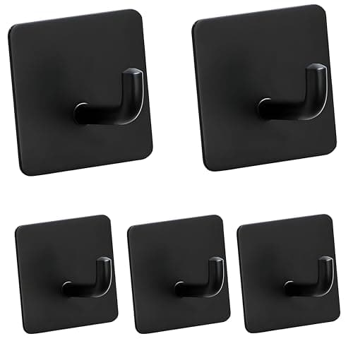 JIALTO 5 PCS Self Adhesive Hooks/Wall Hangings Hook/Waterproof Stainless Steel Hooks for Wall Without Drilling Heavy Duty Bathroom Kitchen Towel Wall Hooks for Hanging Strong Coat (J Hook Black)
