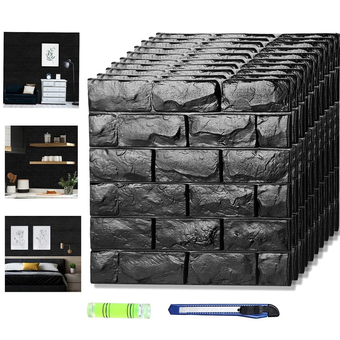 20 Pcs 3d Wall Panels Stick and Peel Black Brick Printable Faux Paneling Self Adhesive Waterproof 3d Wallpaper Stick and Peel for Bedroom Bathroom Kitchen Fireplace 1938 sq feet Coverage