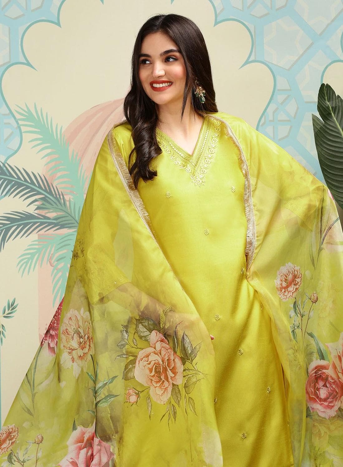 Women'S Mustard Twill Silk Self Design Full Length Palazzo Kurta Set