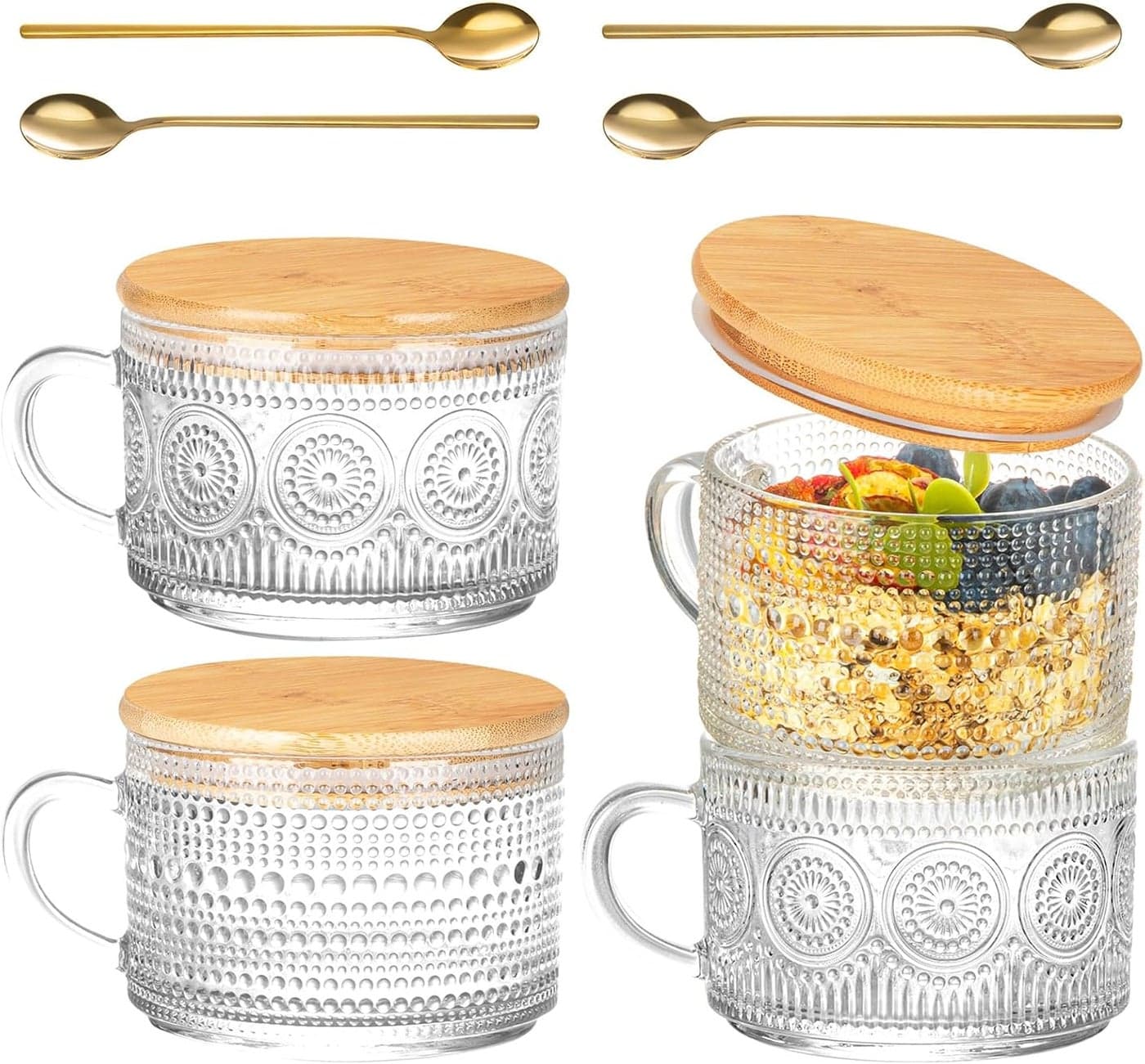 Vintage Glass Coffee Mugs Set of 4 Overnight Oats Containers with Bamboo Lids and Spoons 14oz Clear Tea Cups for Cappuccino Latte Americano Cereal Yogurt Beverage