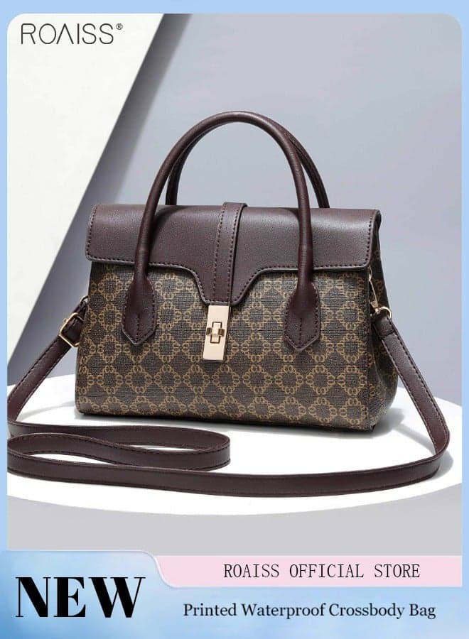 Women's Fashionable Printed Flip Handbag Elegant Retro PU Leather Shoulder Bag Ladies Detachable Strap Crossbody Bag Suitable for Commuting and Daily Use to Mom Girlfriend Waterproof Brown