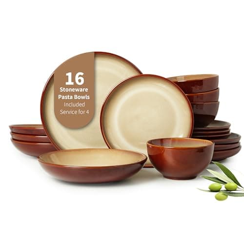 Pokini 16 Piece Double Bowl Plates and Bowls Sets, Ceramic Dinnerware Sets with Pasta Bowls, Dishwasher & Microwave Safe Dish Set, Scratch Resistant Stoneware Plate Set, Service for 4 Brown Yellow