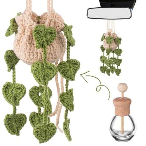 DaisyInner Cute Crochet Plant Car Freshener 12ml Empty Refillable Diffuser Bottle with Plants Hanging Accessories for Ornaments Charms Rearview Mirror Home Office Decor Women GiftsLeave