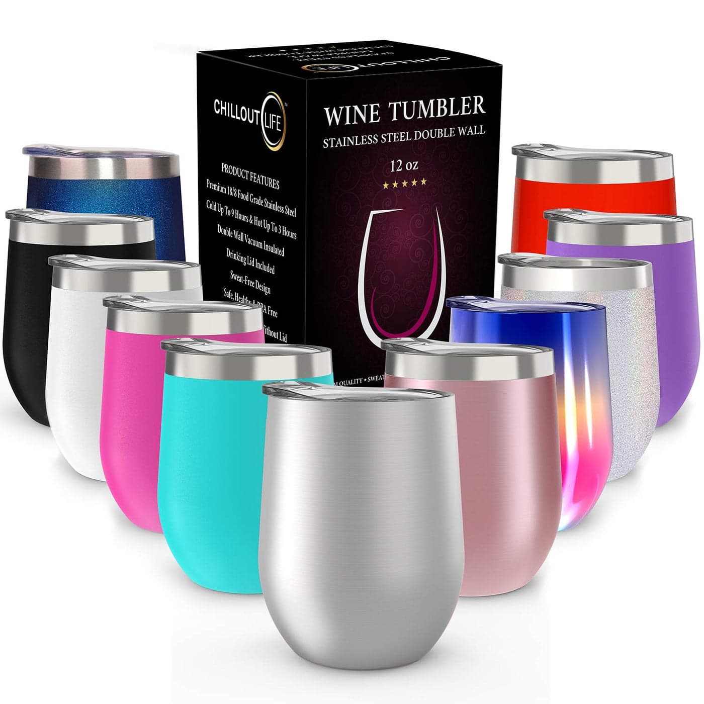CHILLOUT LIFE 12 oz Stainless Steel Tumbler with Lid Gift Box Wine Tumbler Double Wall Vacuum Insulated Travel Tumbler Cup for Coffee Wine Cocktails Ice Cream Sweat Free BPA Free