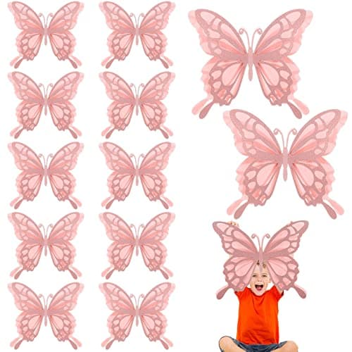 Geyee 12 Pcs 3D Large Butterfly Party Decoration 12 Inch 10 Inch Big Butterfly Centerpieces for Tables Baby Shower Birthday Wedding Hanging Decoration(Champagne)