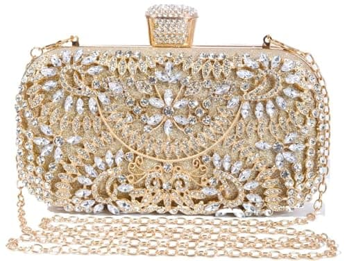 Covelin Women's Rhinestone Decorated Evening Bag, Tote Shoulder Crossbody Handbag with Chain Golden