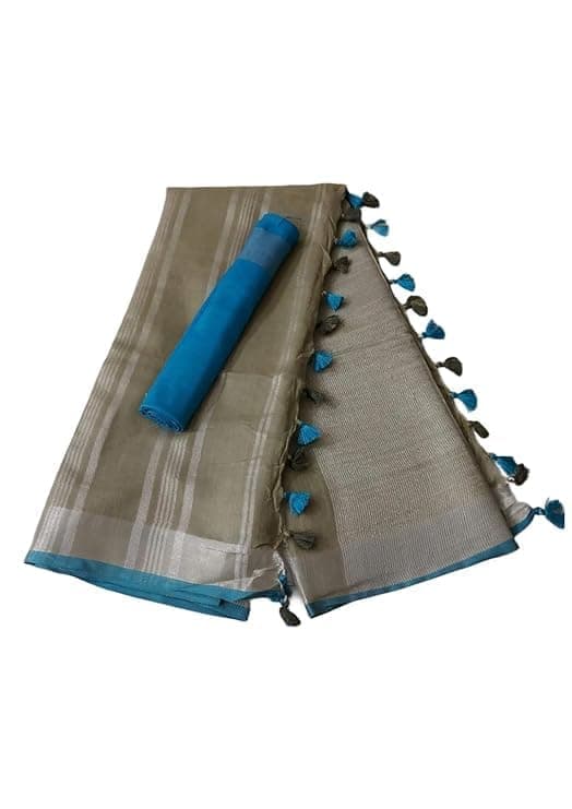 HAIDER ALI AND SONS Bhagalpuri Linen Cotton Saree for Women |Linen Slub Ethnic Wear Saree For Women's (With Blouse) |, Blue