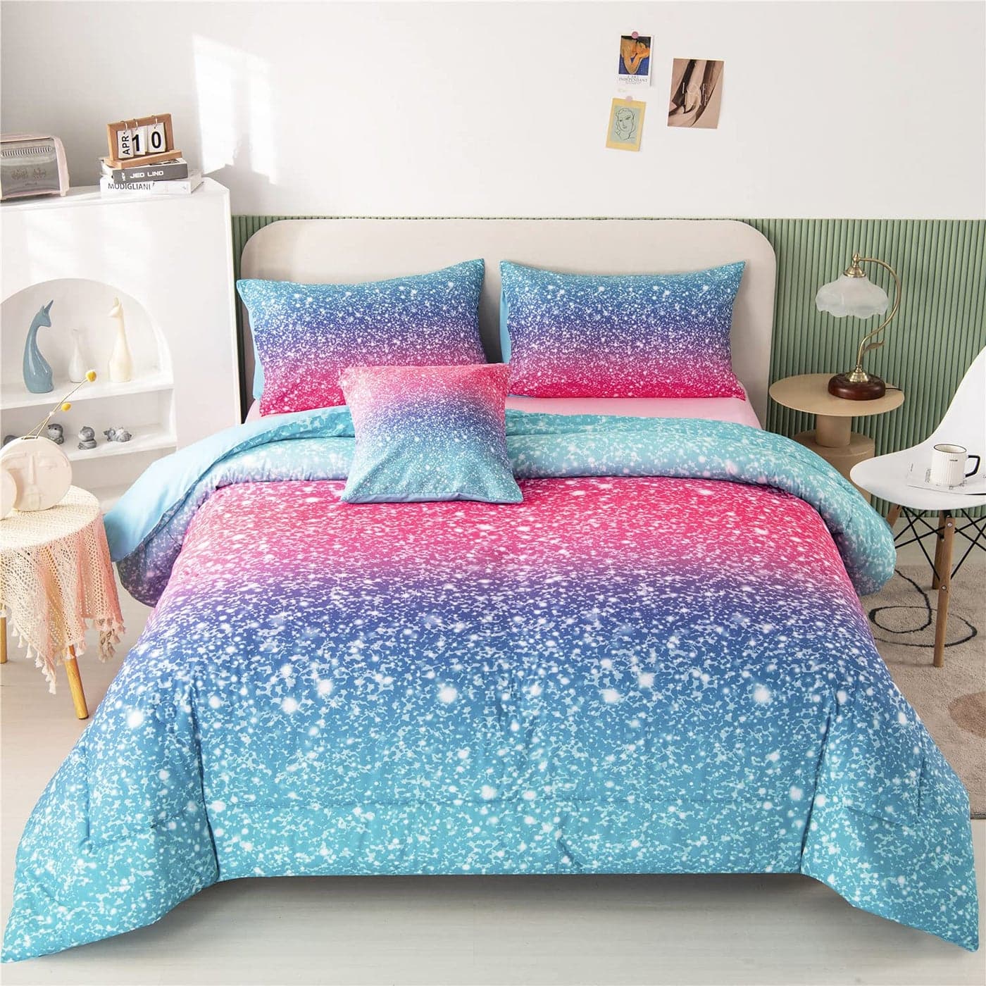 RYNGHIPY 6Pcs Gradient Glitter Comforter Sets for Teen Girls Full Size Colorful Rainbow AllSeason Coverlet Set Ultra Soft Bedding Collections